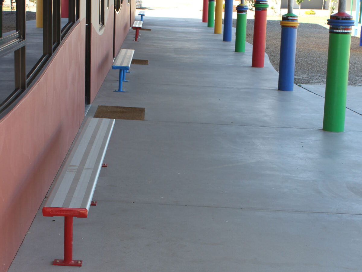Bolt Down Benches powder coated in Dulux Blaze Blue and Signal Red