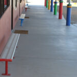 Bolt Down Benches powder coated in Dulux Blaze Blue and Signal Red