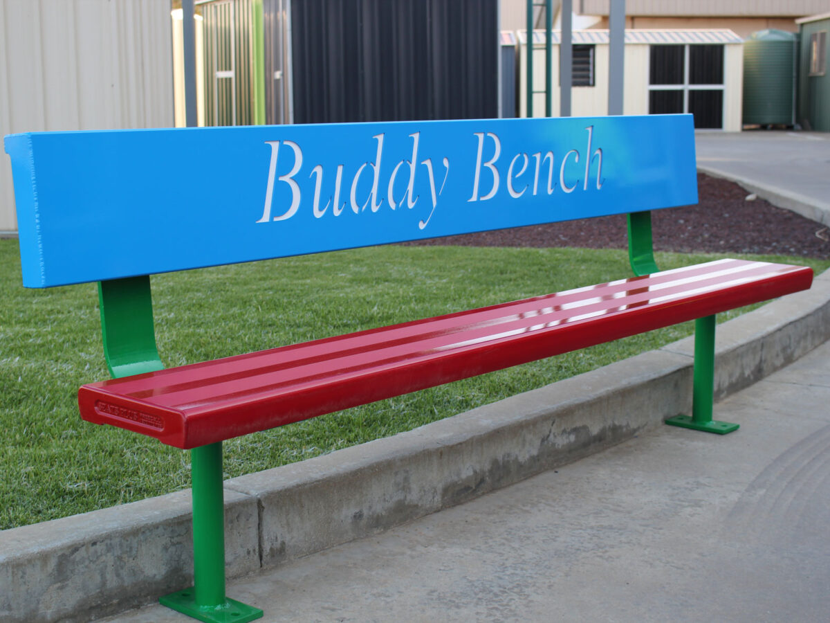 Buddy Bench powder coated in Dulux Blaze Blue, Flame Red and Mistletoe