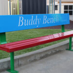 Buddy Bench powder coated in Dulux Blaze Blue, Flame Red and Mistletoe