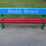 Buddy Bench powder coated in Dulux Blaze Blue, Flame Red and Mistletoe