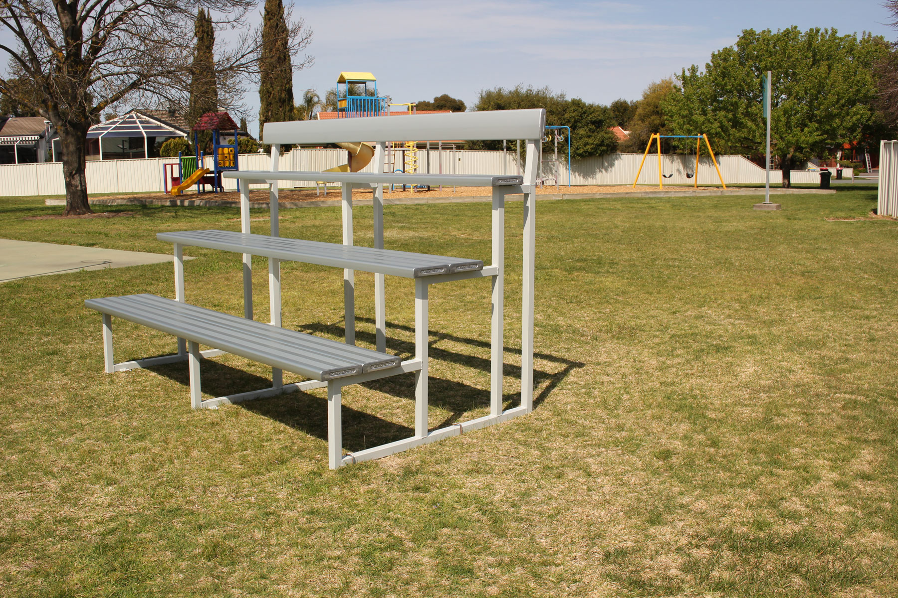 Double Plank Grandstand with Back Rest powder coated in Colorbond Shale Grey