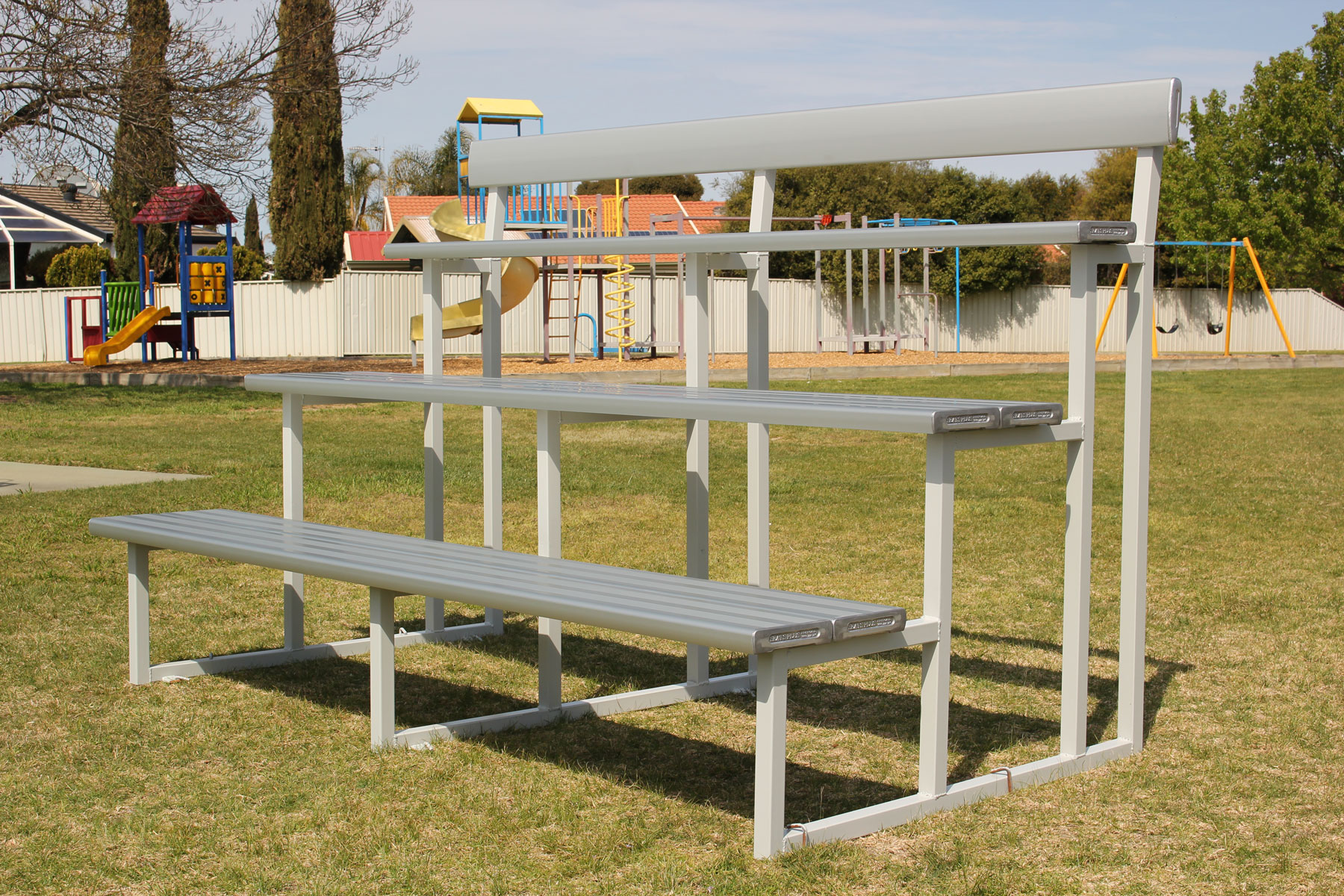 Double Plank Grandstand with Back Rest powder coated in Colorbond Shale Grey