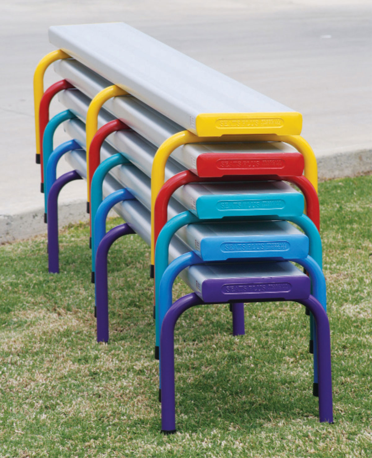 Kiddie Stackable Benches powder coated in Dulux Yellow Gold, Signal Red, Blaze Blue, Space Blue and Dark Violet