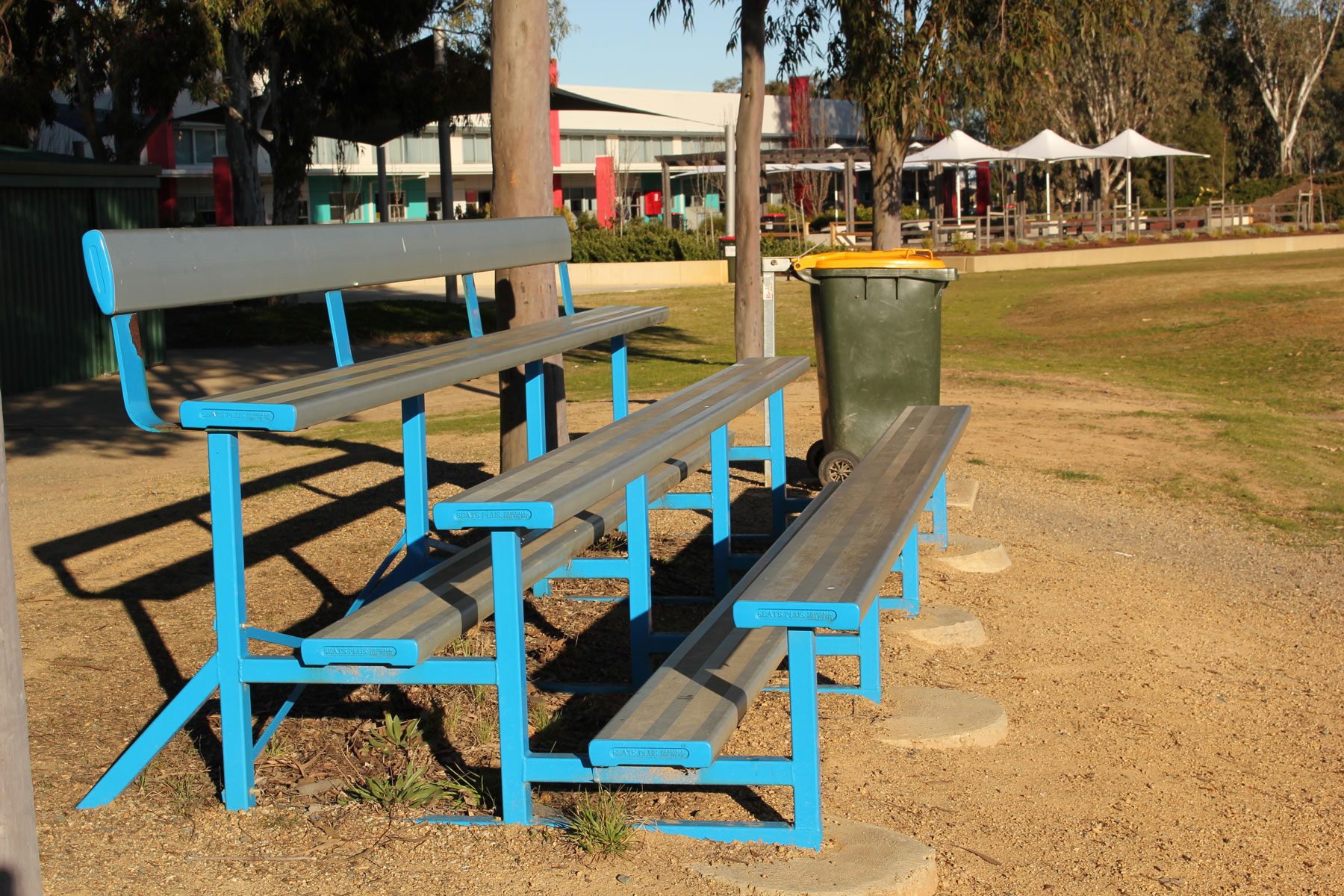 Three Tier Grandstand with Back Rest powder coated in Dulux Blaze Blue
