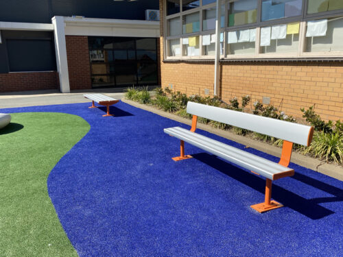 Bolt Down Bench with Backrest powder coated with Dulux Orange X15