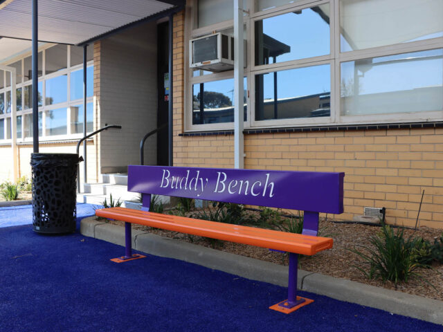 Buddy Bench powder coated in Dulux Deep Violet and Orange X15