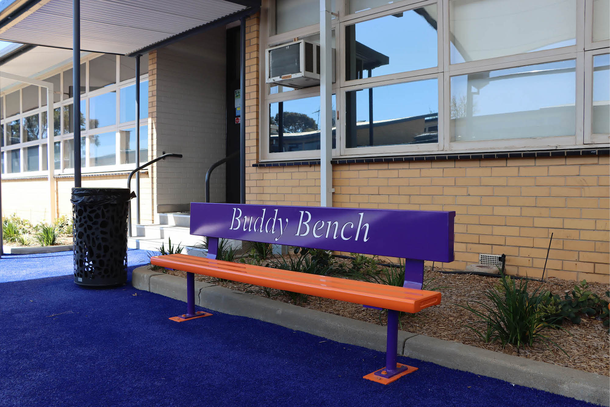 Buddy Bench powder coated in Dulux Deep Violet and Orange X15