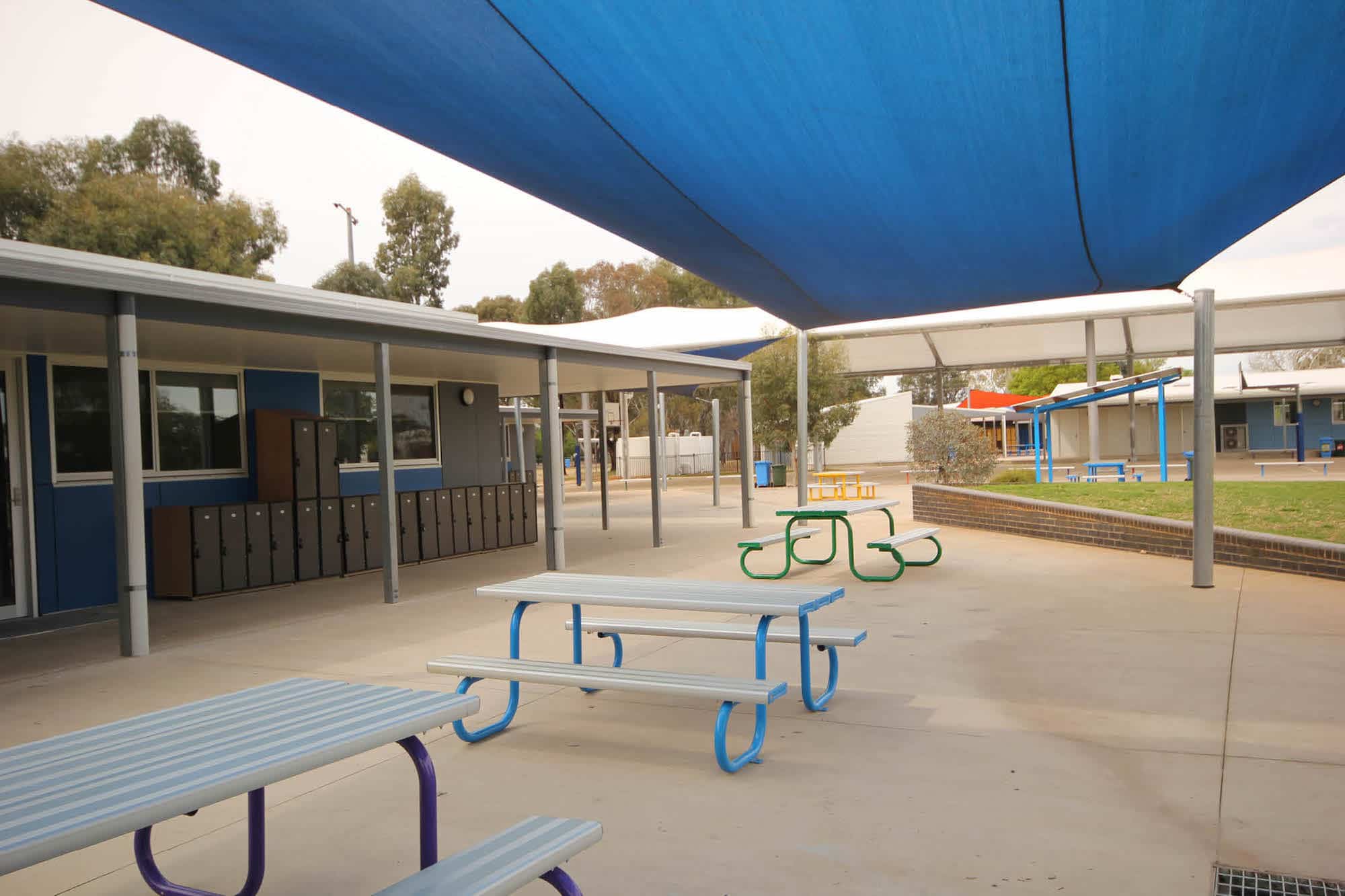 Wheelchair Park Setting powder coated in Dulux Deep Violet, Blaze Blue and Mistletoe